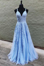 V Neck Long Blue Lace Formal Prom Dresses, Blue Long Lace Formal Bridesmaid Dresses