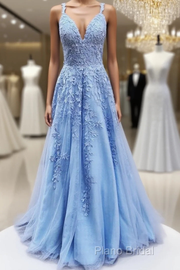 V Neck Long Blue Lace Formal Prom Dresses, Blue Long Lace Formal Bridesmaid Dresses Main image