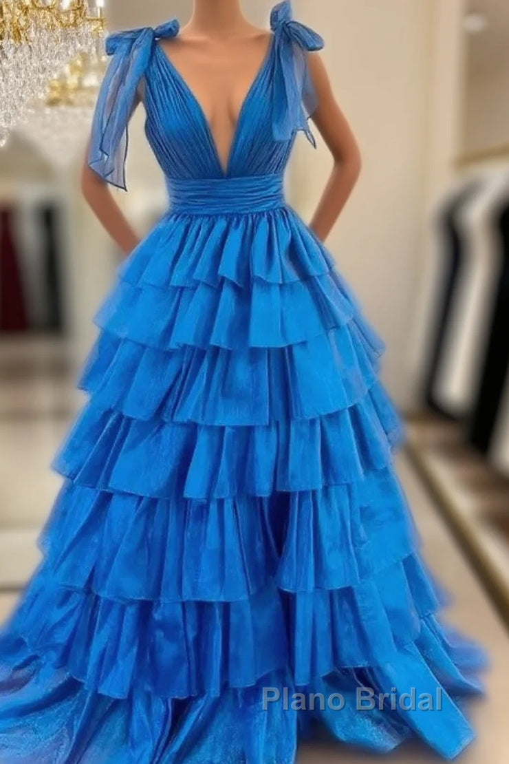 V-Neck Long Formal Prom Dresses With Ruffle Skirt Main image
