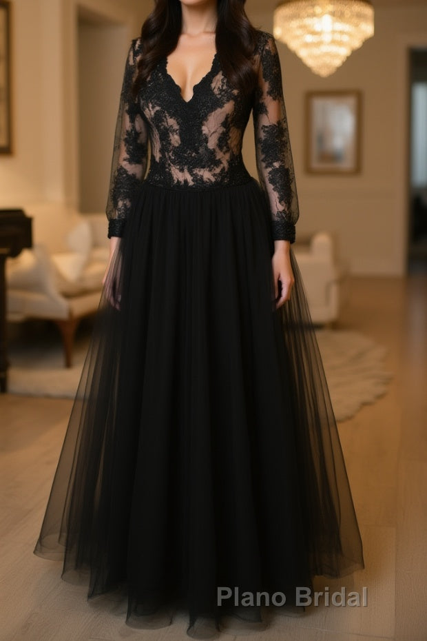 V Neck Long Sleeves Black Lace Long Formal Prom Dress, Long Sleeves Black Lace Formal Dress, Black Lace Evening Dress