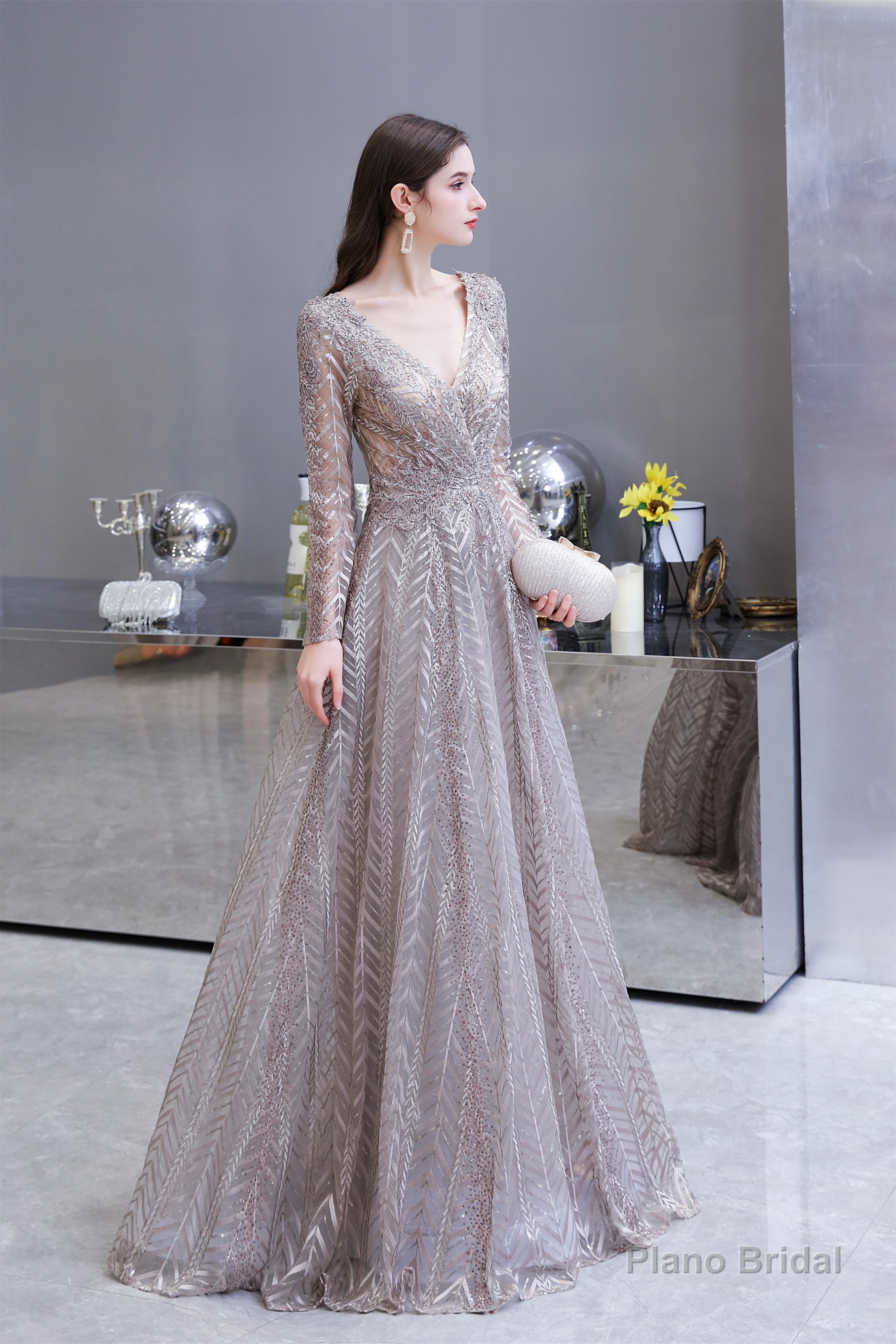 V-neck Long Sleeves Floor Length Lace A-line Prom Dresses