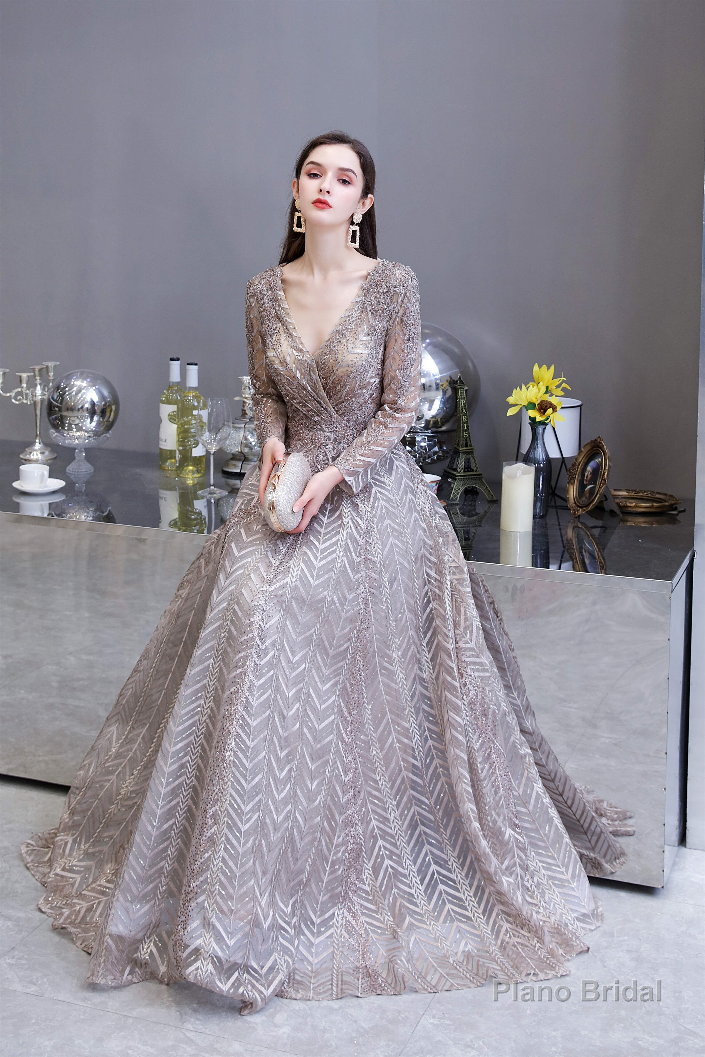 V-neck Long Sleeves Floor Length Lace A-line Prom Dresses