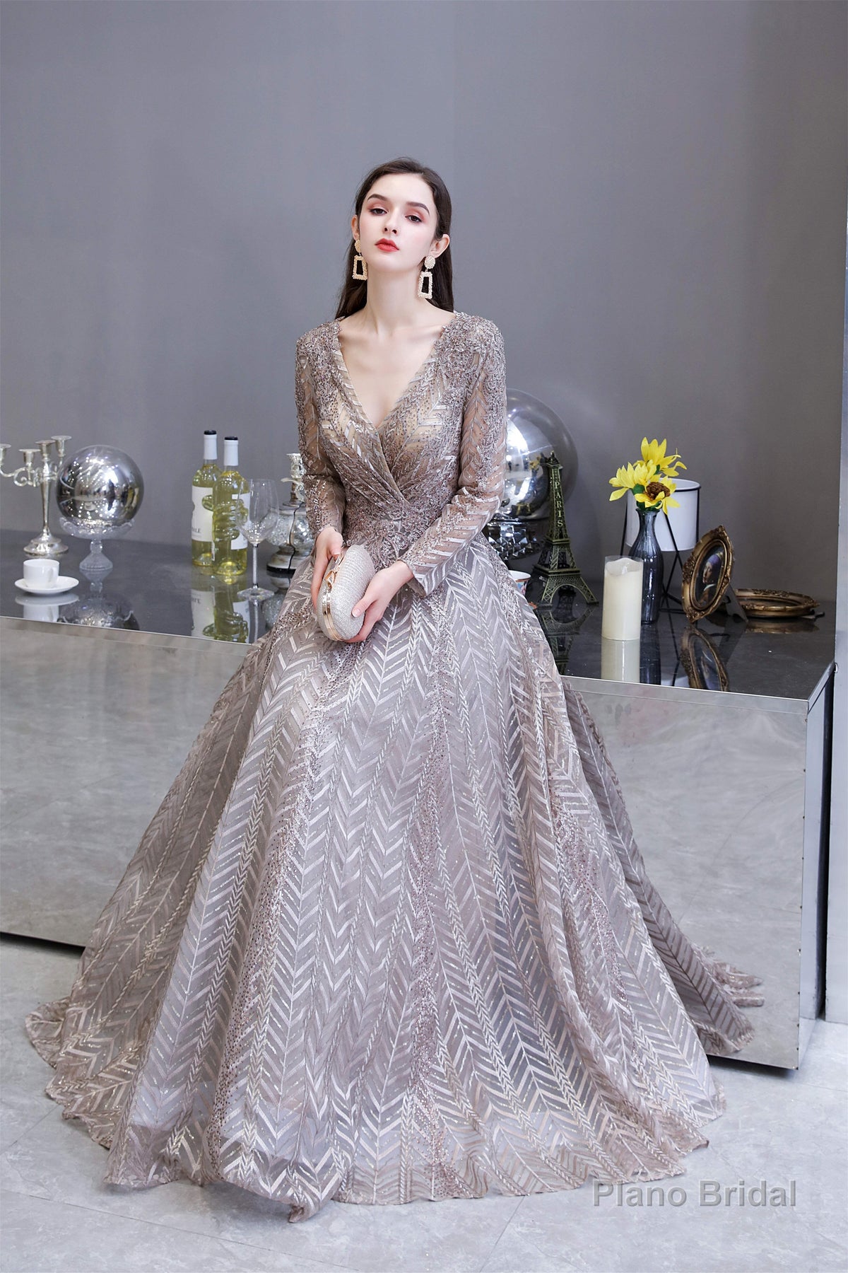 V-neck Long Sleeves Floor Length Lace A-line Prom Dresses