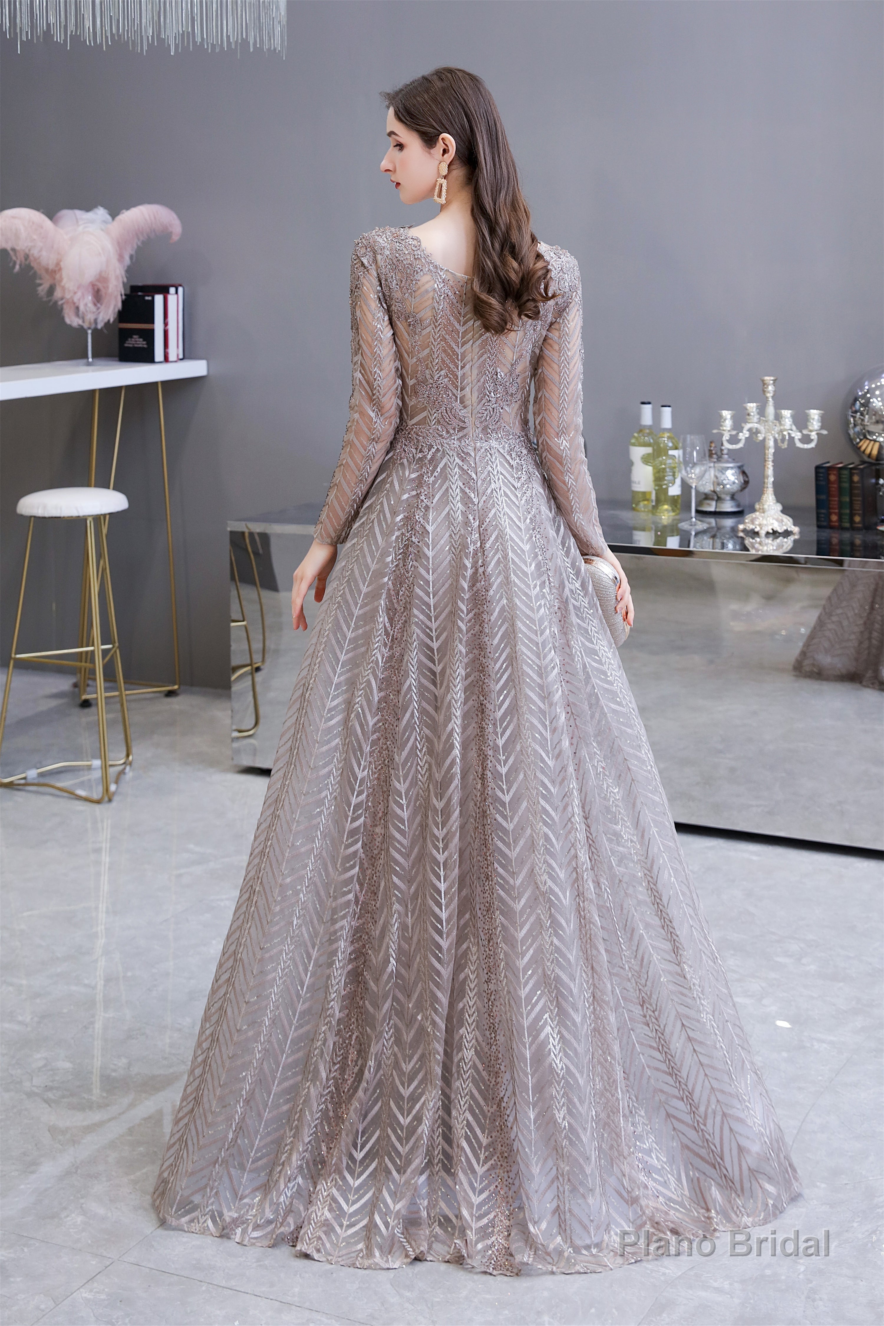 V-neck Long Sleeves Floor Length Lace A-line Prom Dresses