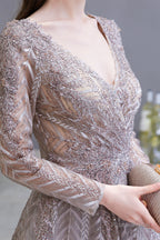 V-neck Long Sleeves Floor Length Lace A-line Prom Dresses