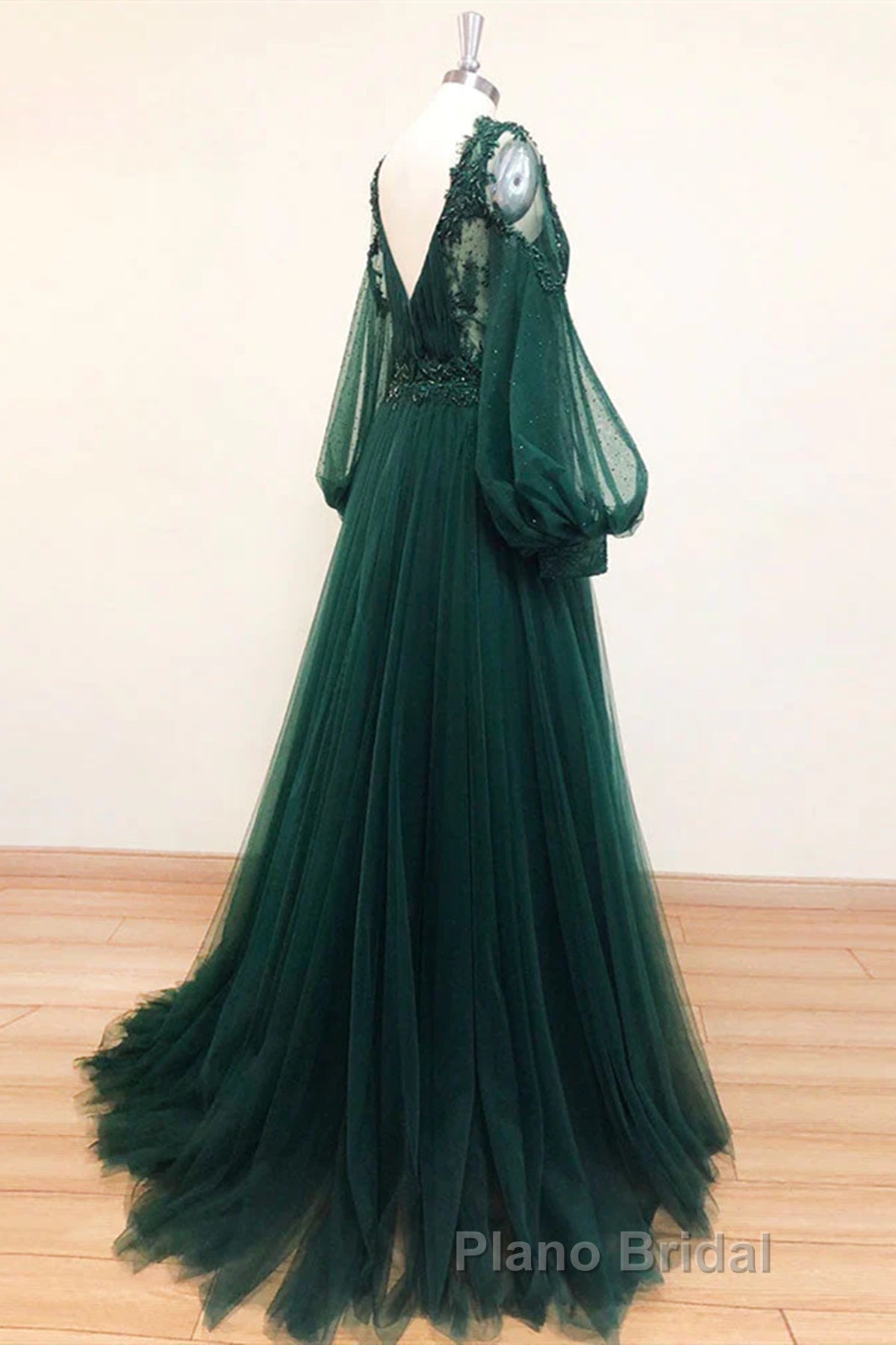 V Neck Long Sleeves Green Lace Formal Prom Dresses, V Neck Green Lace Formal Evening Dresses Secondary image