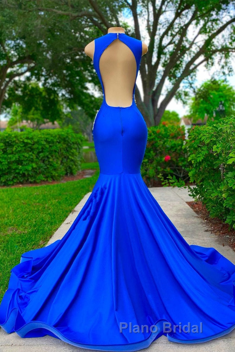 V-neck Mermaid Appliques Lace Sequined Open Back One Shoulder Floor-length Sleeveless Formal Prom Dress Secondary image