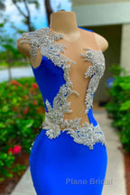 V-neck Mermaid Appliques Lace Sequined Open Back One Shoulder Floor-length Sleeveless Formal Prom Dress