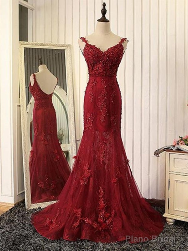 V Neck Mermaid Backless Burgundy Lace Tulle Long Prom with Train, Burgundy Lace Formal, Burgundy Evening Main image