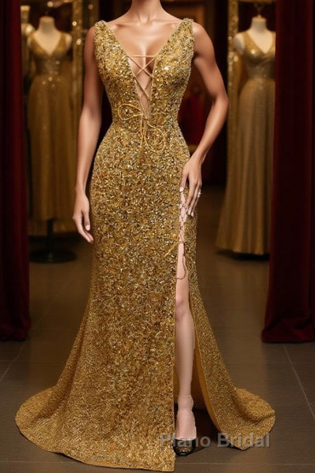 V Neck Mermaid Golden Sequins Long Formal Prom Dress with High Slit, Mermaid Golden Formal Dress, Gold Sequins Evening Dress