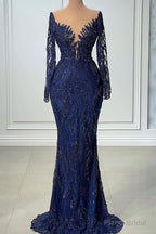 V-neck Mermaid Lace Floor-length Long Sleeve Sequined Prom Dress