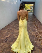 V Neck Mermaid Long Formal Prom Dresses Yellow Formal Dresses