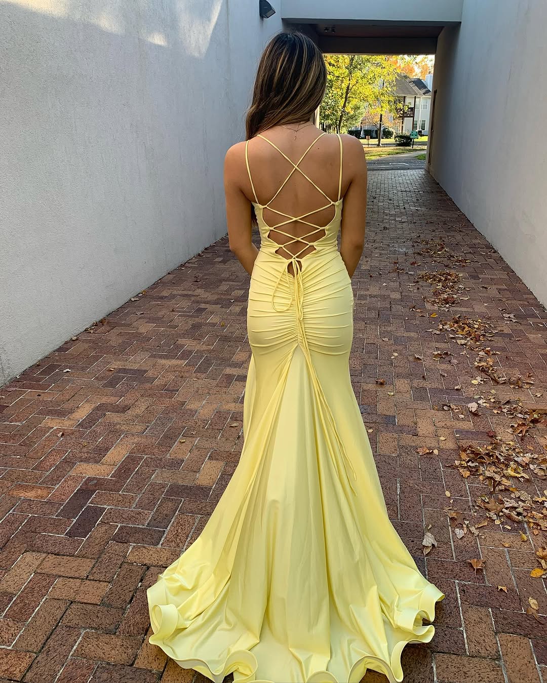 V Neck Mermaid Long Formal Prom Dresses Yellow Formal Dresses