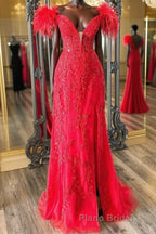 V Neck Mermaid Off Shoulder Red Lace Long Formal Prom Dress, Mermaid Red Formal Dress, Red Lace Evening Dress
