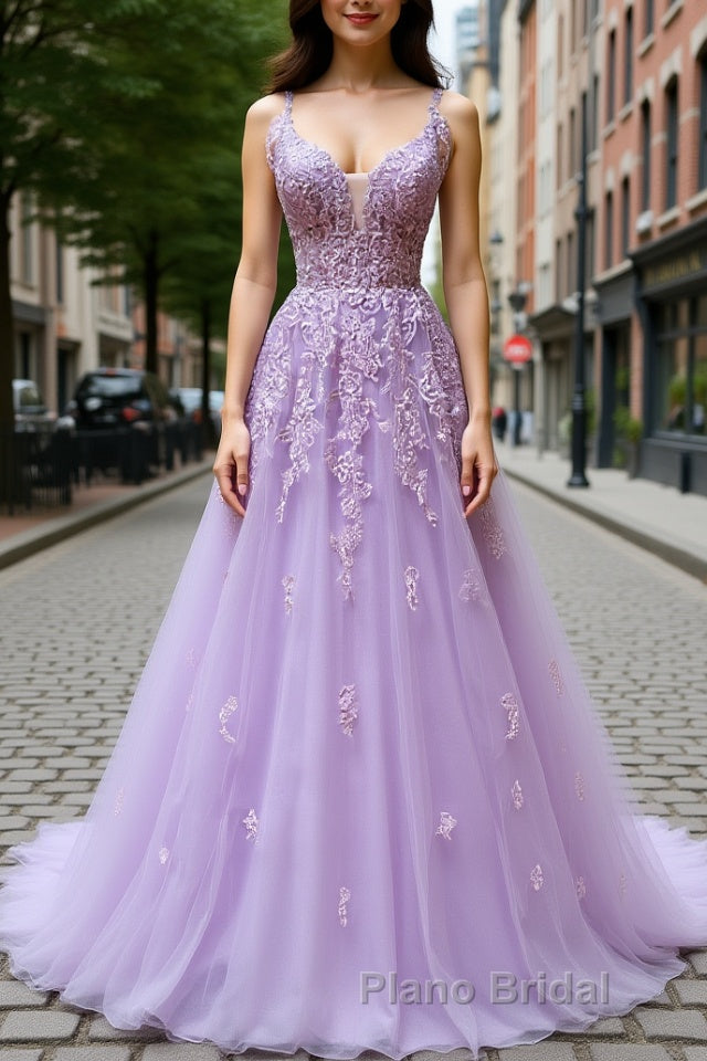 V Neck Off Shoulder Long Lilac Lace Formal Prom Dress, Off Shoulder Purple Lace Formal Graduation Evening Dress Main image