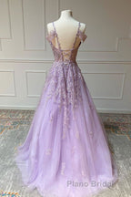 V Neck Off Shoulder Long Lilac Lace Formal Prom Dress, Off Shoulder Purple Lace Formal Graduation Evening Dress