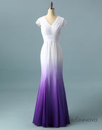 V Neck Ombre Formal Prom Dresses, A Line Wedding Party Gown