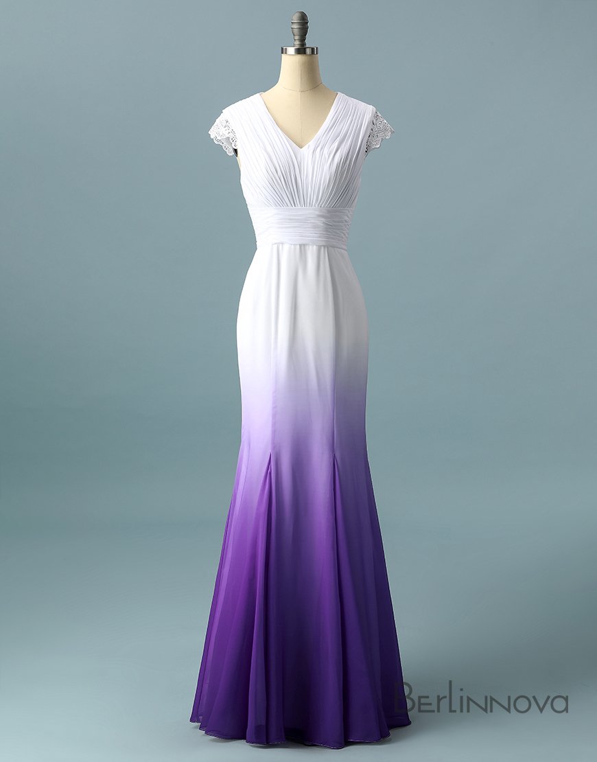 V Neck Ombre Formal Prom Dresses, A Line Wedding Party Gown