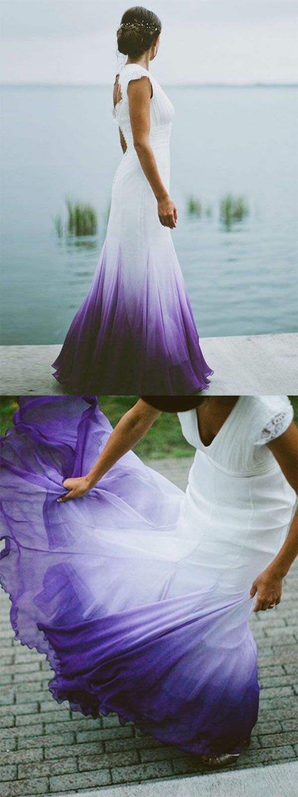 V Neck Ombre Formal Prom Dresses, A Line Wedding Party Gown