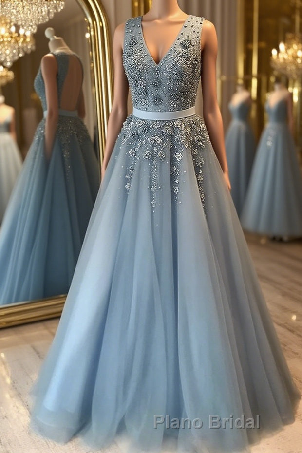 V Neck Open Back Beaded Blue Long Formal Prom Dress with 3D Flowers, Open Back Blue Formal Graduation Evening Dress