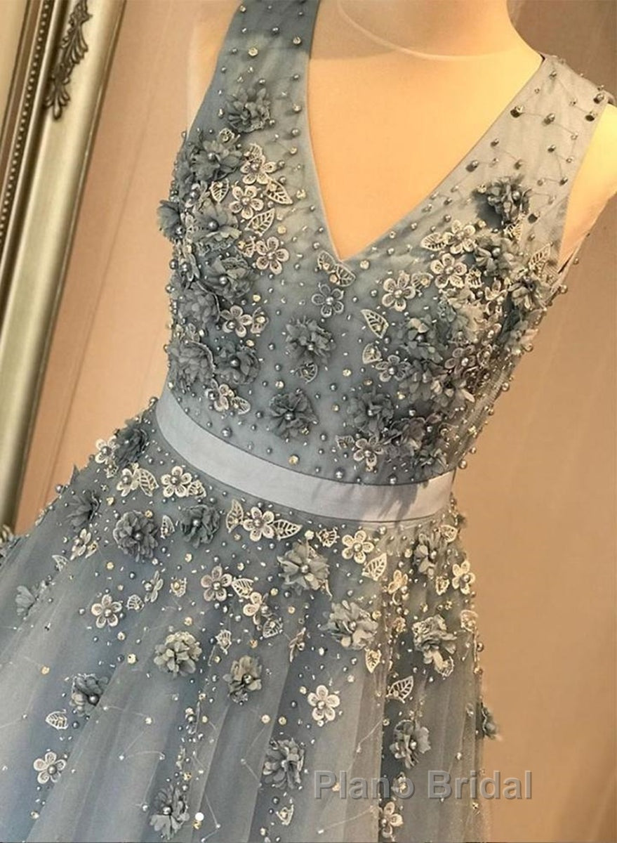 V Neck Open Back Beaded Blue Long Formal Prom Dress with 3D Flowers, Open Back Blue Formal Graduation Evening Dress Secondary image