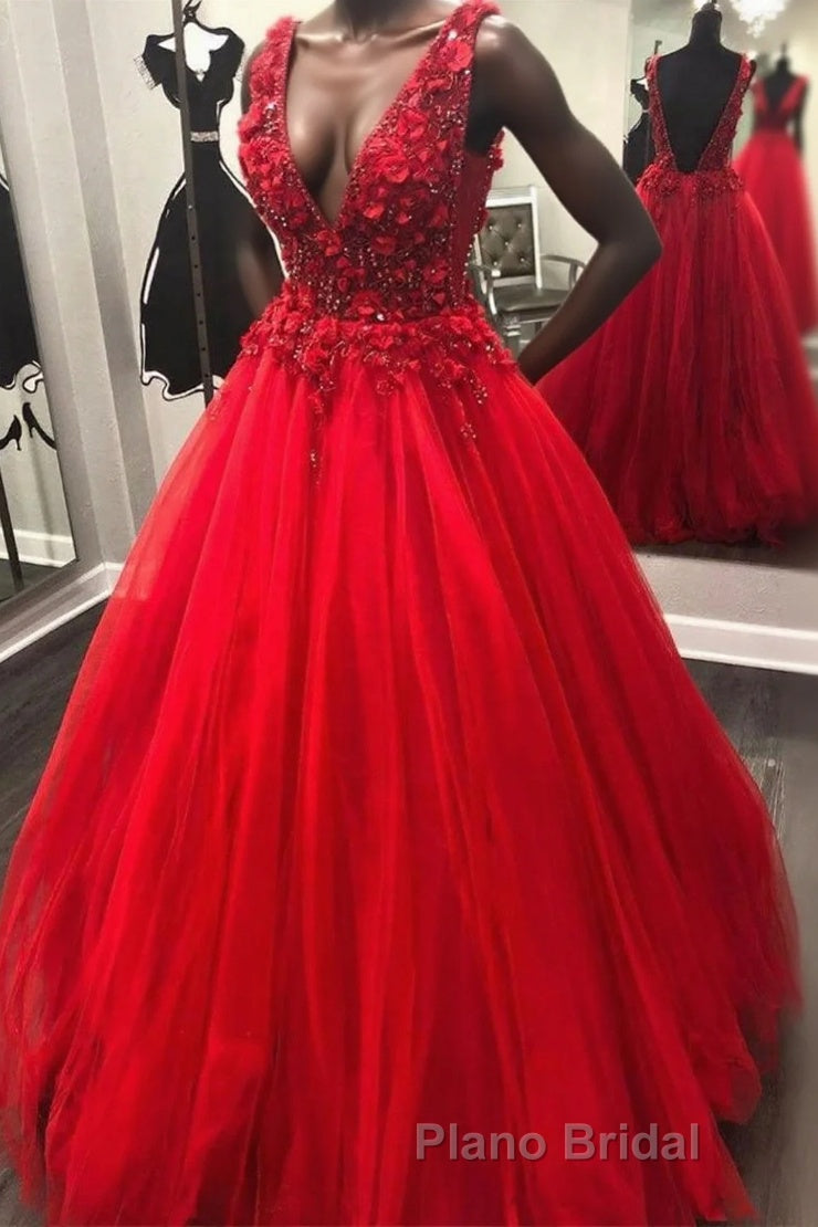 V Neck Open Back Beading Red Long Formal Prom Dress with 3D Flower, V Neck Red Formal Dress, Red Evening Dress Main image
