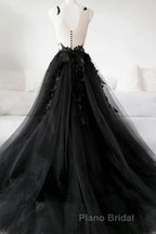 V Neck Open Back Black Tulle Lace Floral Long Formal Prom Dresses, Black Lace Formal Evening Dresses with Appliques