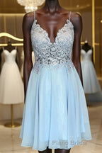 V Neck Open Back Blue Lace Short Formal Prom Dresses, Blue Lace Homecoming Dresses, Short Blue Formal Evening Dresses