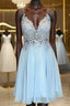 V Neck Open Back Blue Lace Short Formal Prom Dresses, Blue Lace Homecoming Dresses, Short Blue Formal Evening Dresses
