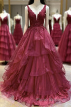 V Neck Open Back Burgundy Lace Long Formal Prom Dress, Burgundy Lace Formal Evening Dress, Burgundy Ball Gown