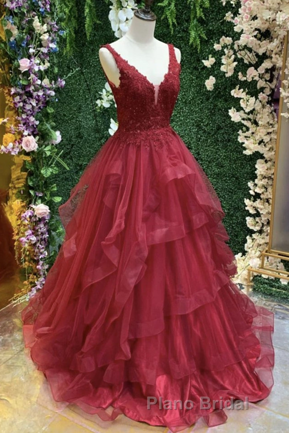 V Neck Open Back Burgundy Lace Long Formal Prom Dress, Burgundy Lace Formal Evening Dress, Burgundy Ball Gown