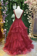 V Neck Open Back Burgundy Lace Long Formal Prom Dress, Burgundy Lace Formal Evening Dress, Burgundy Ball Gown