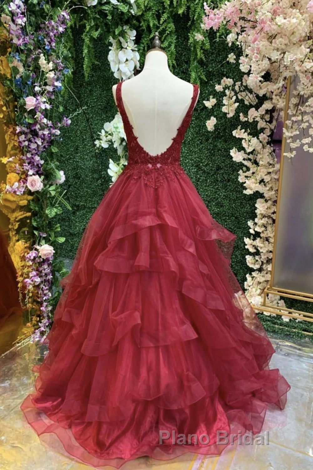 V Neck Open Back Burgundy Lace Long Formal Prom Dress, Burgundy Lace Formal Evening Dress, Burgundy Ball Gown