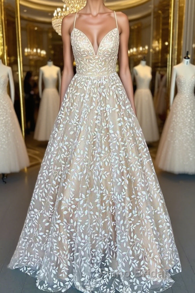 V Neck Open Back Champagne Lace Long Formal Prom Dress, Champagne Lace Formal Graduation Evening Dress