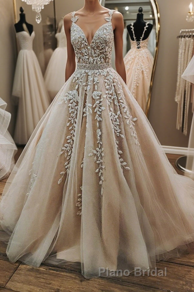 V Neck Open Back Champagne Tulle Lace Long Formal Prom Dress with Belt, Champagne Lace Formal Evening Dress, Champagne Ball Gown