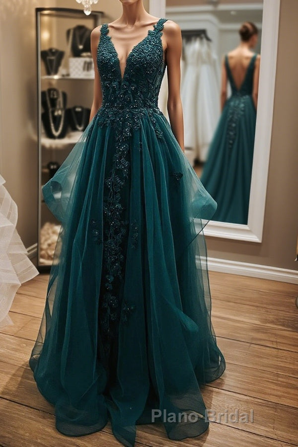 V Neck Open Back Dark Green Lace Beaded Long Formal Prom Dresses, Dark Green Lace Formal Dresses, Dark Green Evening Dresses Main image