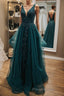 V Neck Open Back Dark Green Lace Beaded Long Formal Prom Dresses, Dark Green Lace Formal Dresses, Dark Green Evening Dresses