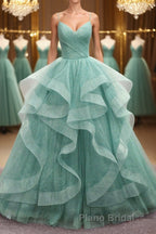 V Neck Open Back Fluffy Green Tulle Long Formal Prom Dresses, Green Formal Evening Dresses, Ball Gown
