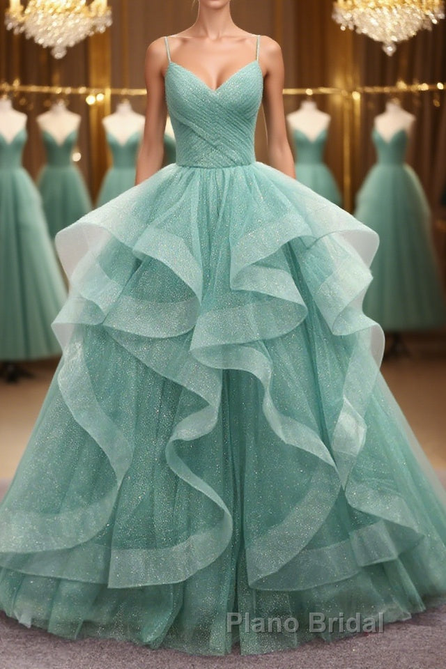 V Neck Open Back Fluffy Green Tulle Long Formal Prom Dresses, Green Formal Evening Dresses, Ball Gown