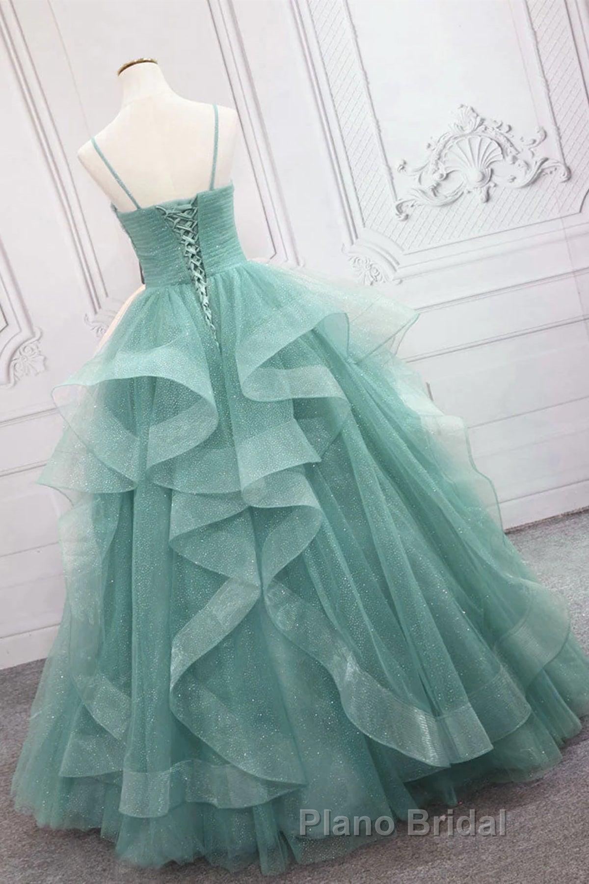 V Neck Open Back Fluffy Green Tulle Long Formal Prom Dresses, Green Formal Evening Dresses, Ball Gown Secondary image