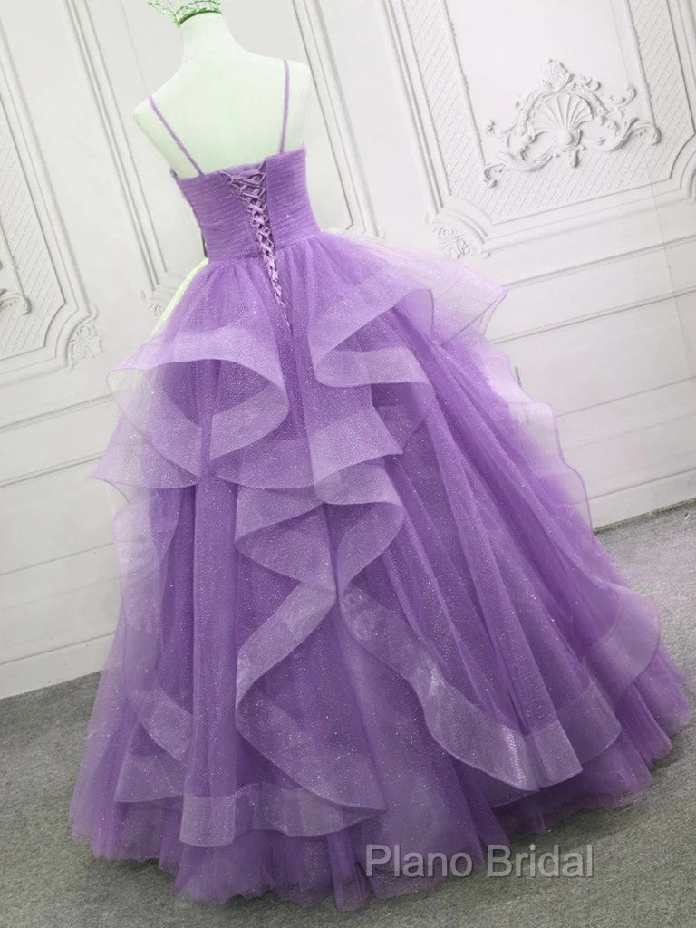 V Neck Open Back Fluffy Purple Tulle Long Formal Prom Dresses