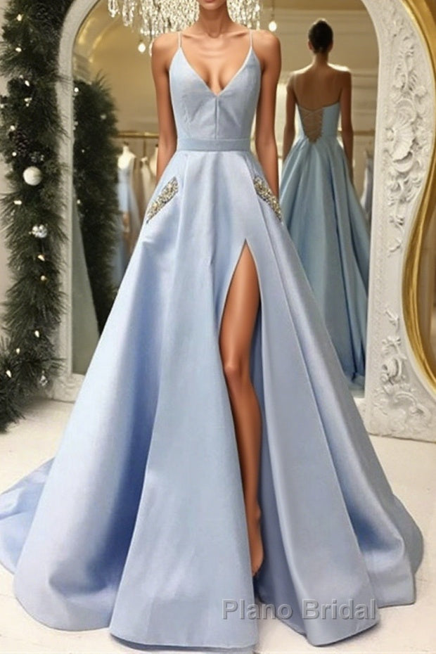 V Neck Open Back Light Blue Satin Long Formal Prom Dresses with Pocket