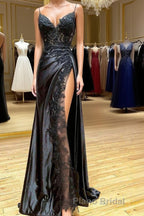 V Neck Open Back Mermaid Black Lace Long Formal Prom Dress with High Slit, Mermaid Black Formal Dress, Black Lace Evening Dress