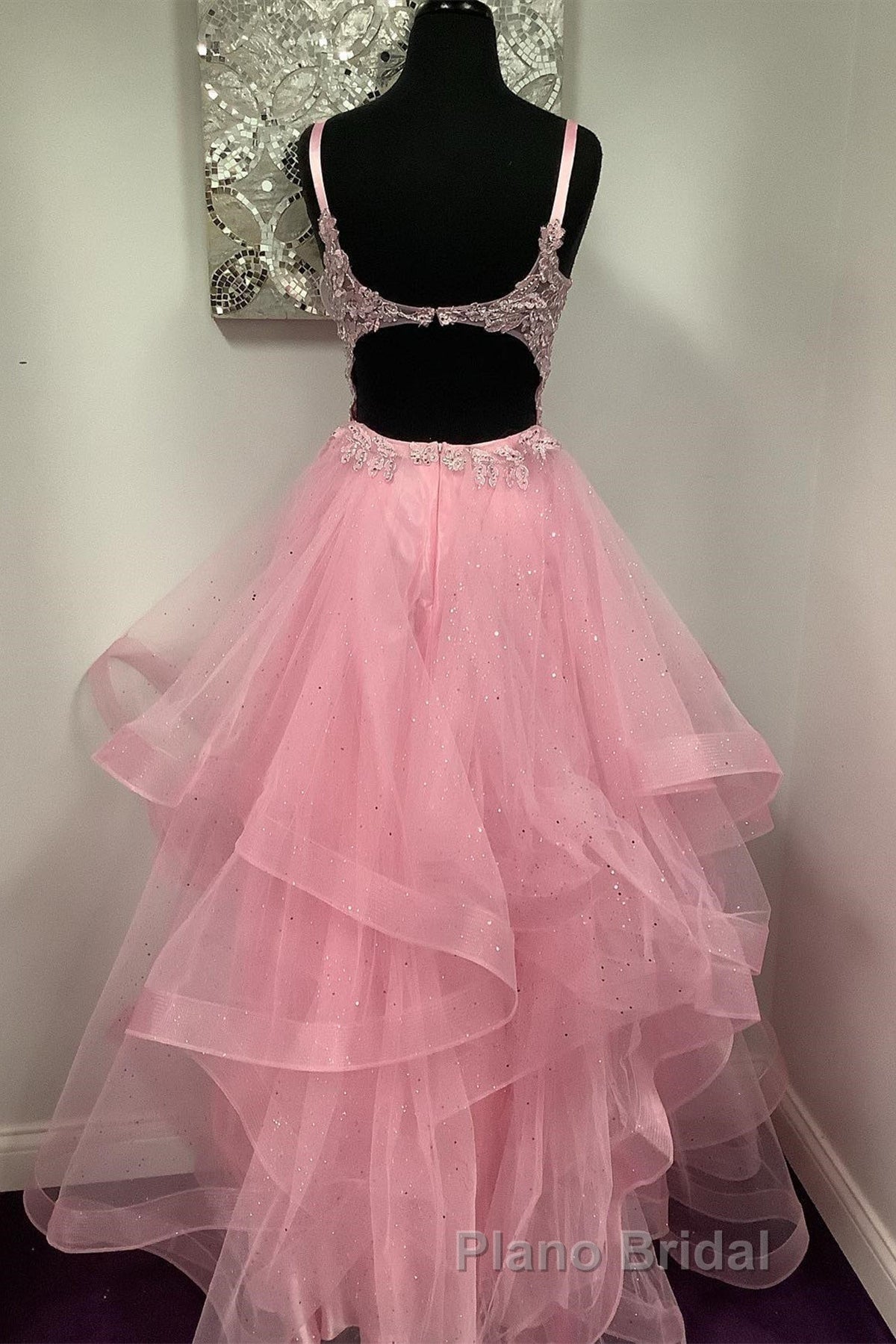 V Neck Open Back Pink Lace Puffy Tulle Long Formal Prom Dresses, Pink Lace Formal Dresses, Pink Evening Dresses Secondary image