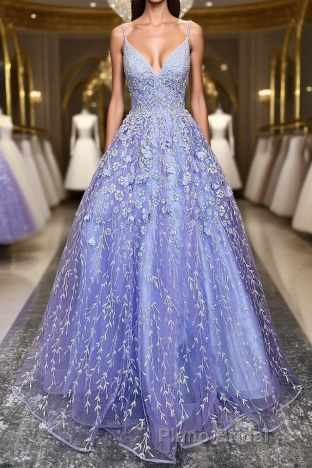 V Neck Open Back Purple Lace Floral Long Formal Prom Dress, Purple Lace Floral Formal Evening Dress