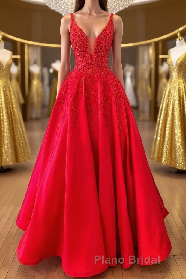 V Neck Open Back Red Lace Long Formal Prom Dress, Red Lace Formal Dress, Beaded Red Evening Dress Main image