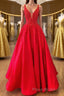V Neck Open Back Red Lace Long Formal Prom Dress, Red Lace Formal Dress, Beaded Red Evening Dress