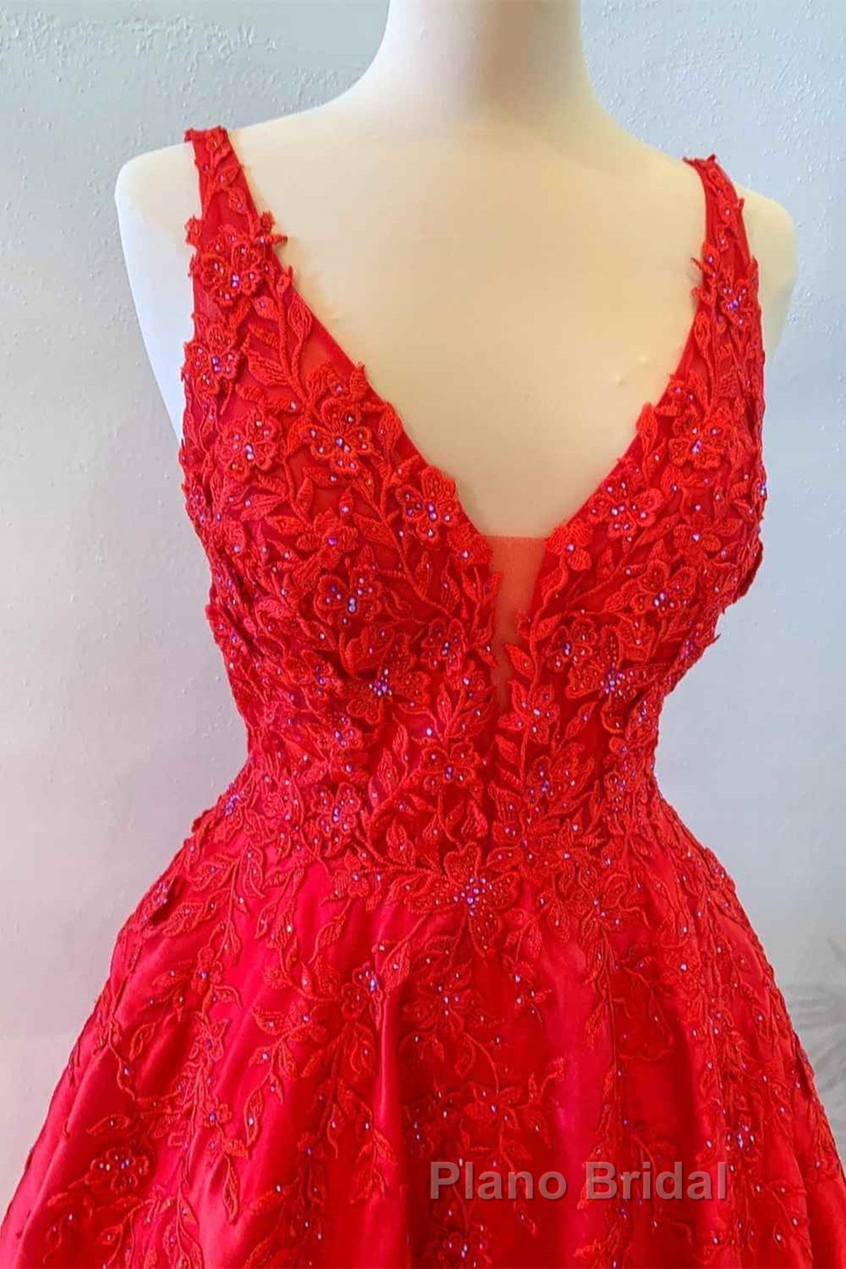 V Neck Open Back Red Lace Long Formal Prom Dress, Red Lace Formal Dress, Beaded Red Evening Dress