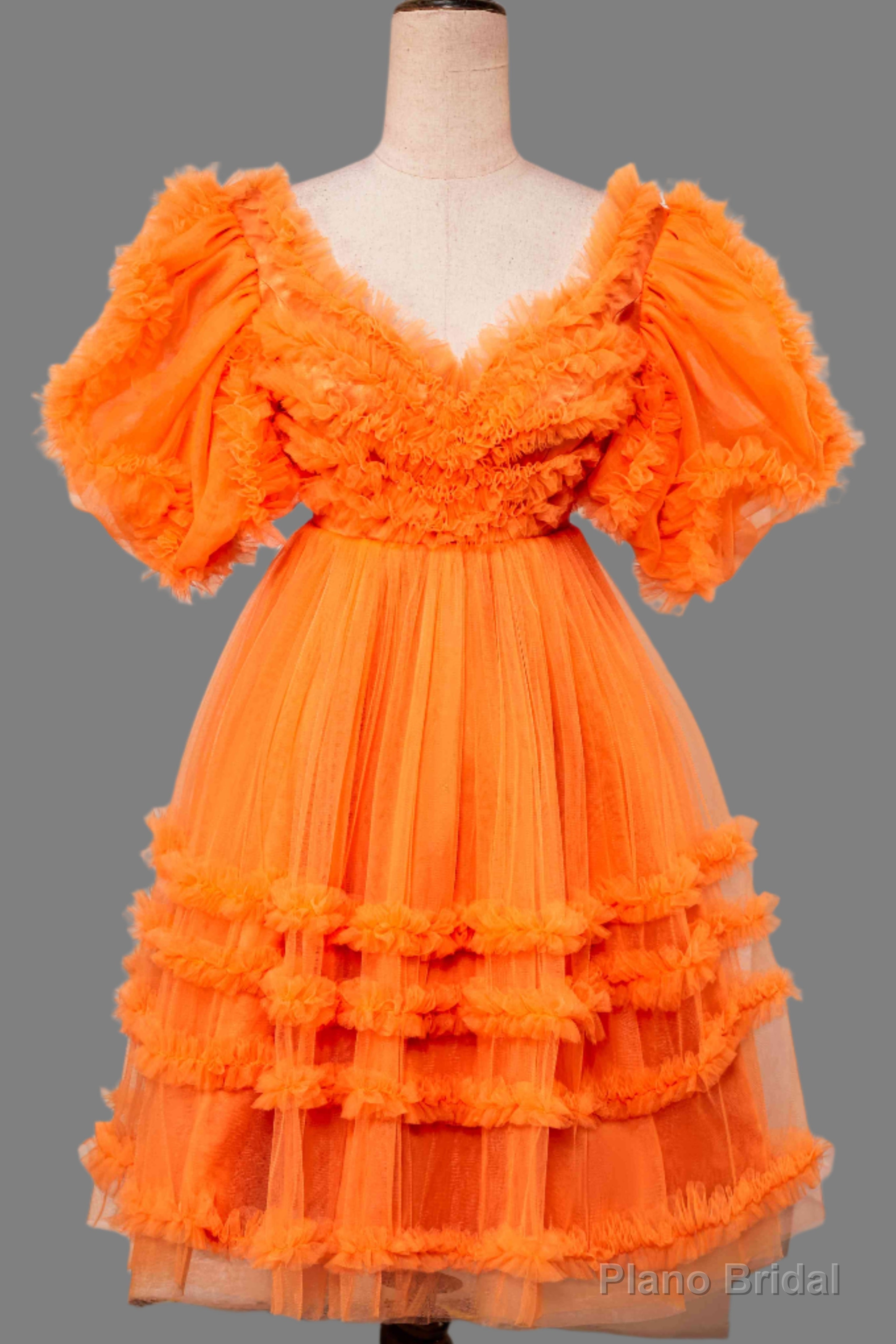 V-Neck Orange Ruffled Short Homecoming Dress with Puff Sleeves Main image