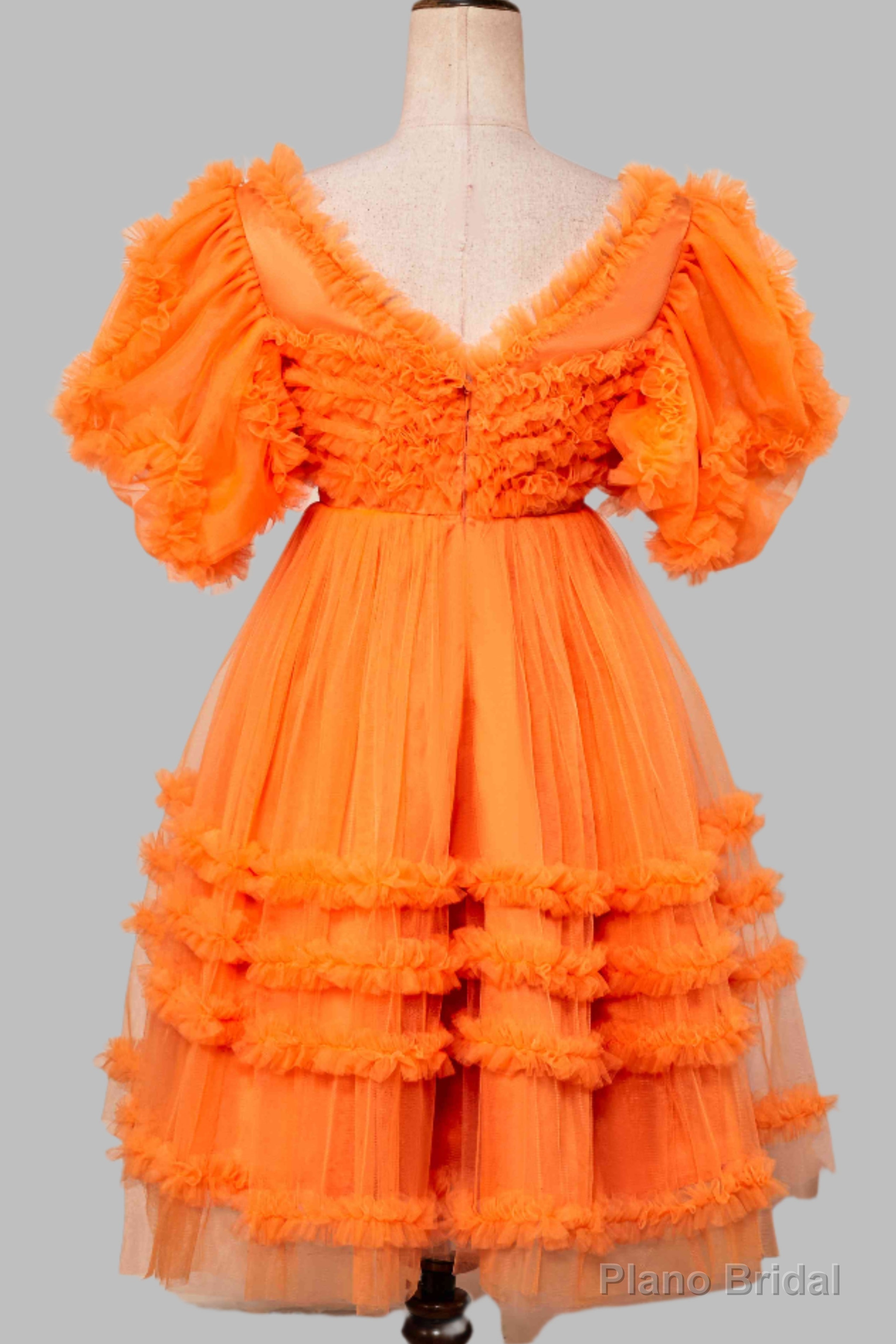 V-Neck Orange Ruffled Short Homecoming Dress with Puff Sleeves Secondary image